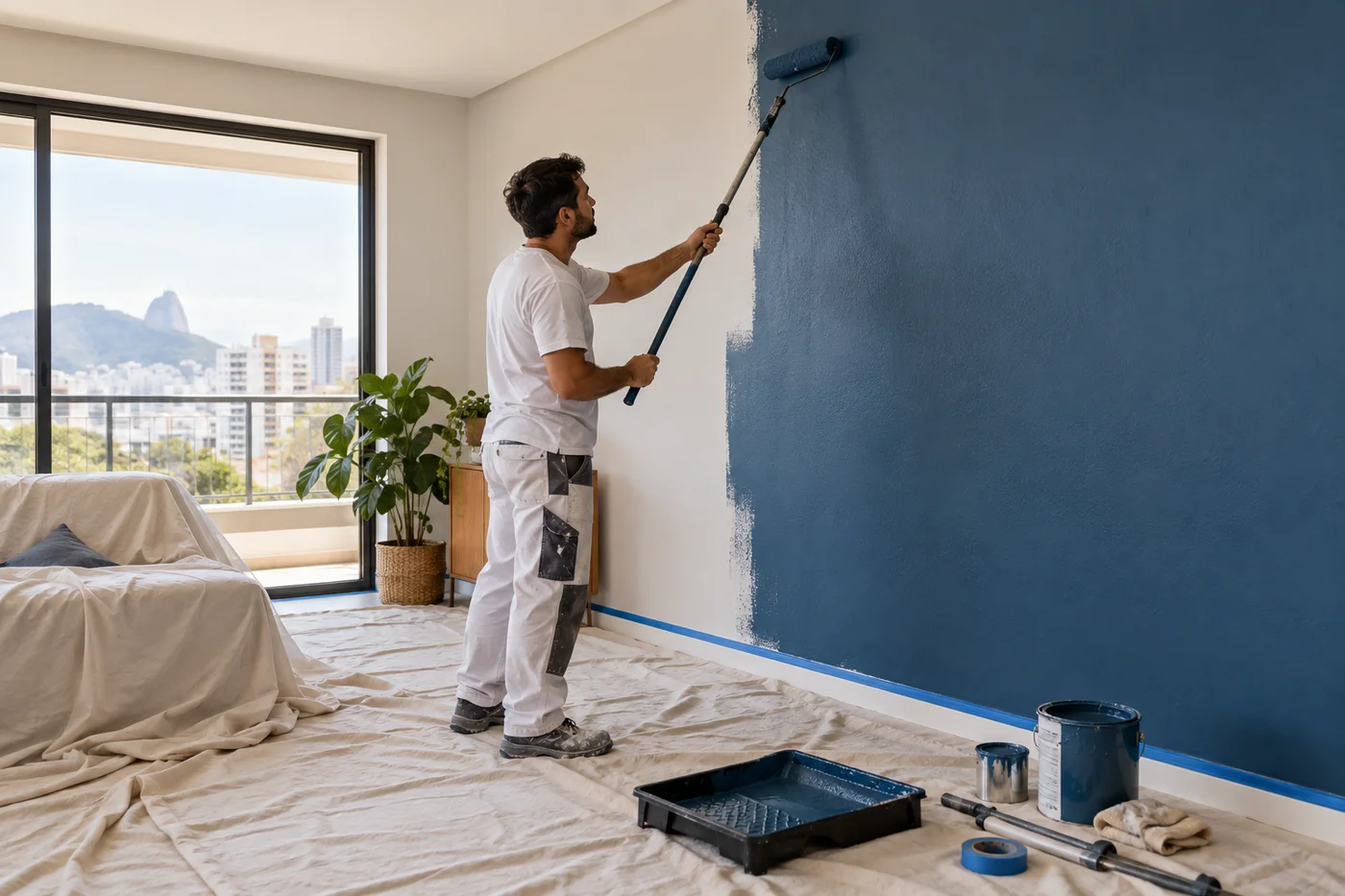 Imagem ilustrativa de pintura de parede em apartamento, com piso protegido